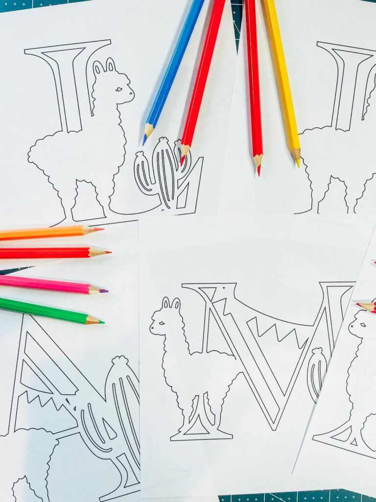 Llama printable colouring alphabet